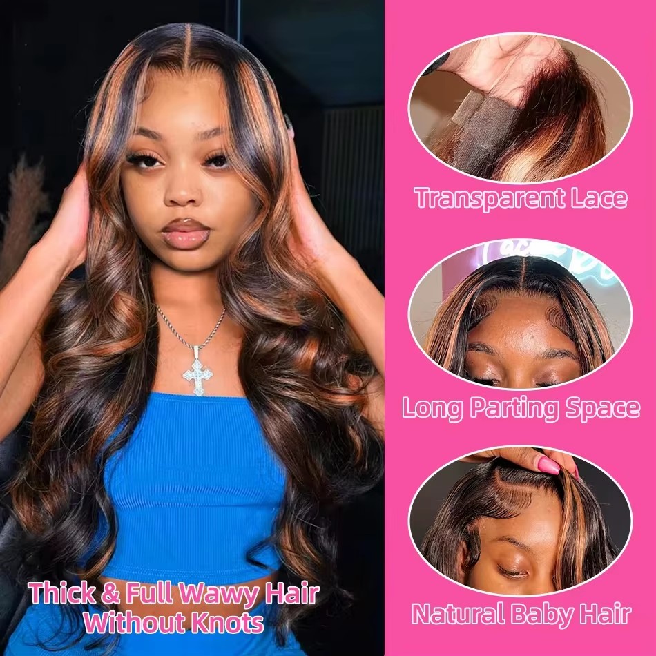 Lace Front Wig - วิกผมหน้าผากลูกไม้แบบไฮไลท์ออมเบร 13x4 ผมแท้แบบลอนบอดี้เวฟ พร้อมถอนขนด้านหน้า 13x6 สีน้ำตาล